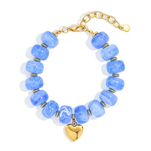 WOWORAMA Colorful Beaded Bracelets for Women Multicolor Acrylic Resin Beads Bracelet with Heart Charm Boho Statement Chunky Bracelet Summer Holiday Jewelry - color: Heart-Light Blue