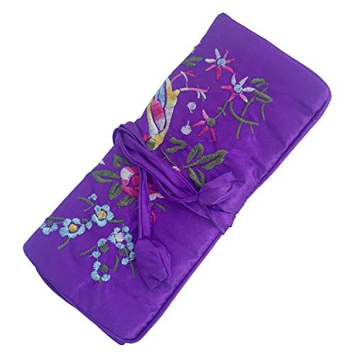 Travel Jewelry Roll Bag - Silk Embroidered Brocade Pouch for Rings, Necklaces, Earrings, Bracelets | Lightweight & Tie Closure (Dark Purple) - color: Dark Purple