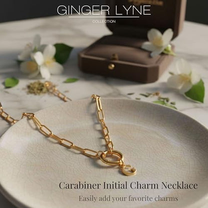 Paperclip Chain Carabiner Initial Charm Holder Necklace by Ginger Lyne | 18K Gold-Plated or Silver Tone Paperclip Chain with Carabiner Charm Holder, Adjustable 18-20 Inch, A-Z Initial Pendant - color: Gold-P