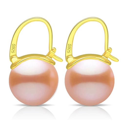 HUGE TOMATO Elegant 925 Sterling Silver Pearl Drop Earrings for Women, 14K Gold Plated Dangle Stud Earrings, Hypoallergenic Large Pearl Hoop Earring dangling 12mm - color: Pink Champagne