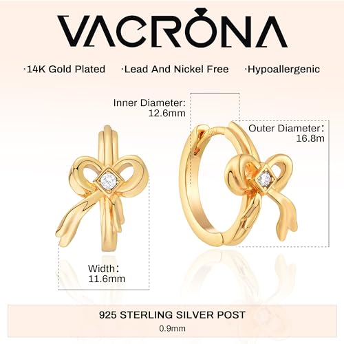 VACRONA Cubic Zirconia Huggie Earrings 14k Gold Plated Tiny Earrings Small Huggie Hoop Earrings Simple Lightweight Hoops Gift for Women - color: Bow-Gold
