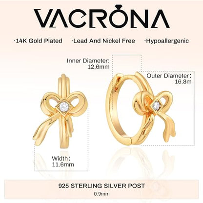 Cubic Zirconia Huggie Earrings 14k Gold Plated Tiny Earrings Small Huggie Hoop Earrings Simple Lightweight Hoops Gift for Women - color: Bow-Gold