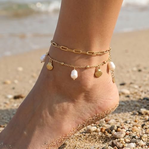 Dainty Gold Shell Pearl Ankle Bracelets for Women, Trendy Anklet Stack Charm Bracelet Adjustable Chain Summer Ocean Beach Accessories Fashion Jewelry Gift - color: Paperclip Chain