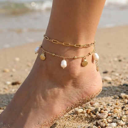 Dainty Gold Shell Pearl Ankle Bracelets for Women, Trendy Anklet Stack Charm Bracelet Adjustable Chain Summer Ocean Beach Accessories Fashion Jewelry Gift - color: Paperclip Chain