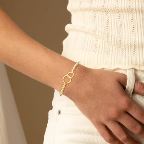 Beaded Bracelets for Women 14K Silver Gold Plated Stretch Handmade Ball Bracelets Cute Charm Bracelet Dainty Stackable Cross Heart Bow Wave CZ Circle Trendy Jewelry Easter Gifts - color: double-circle