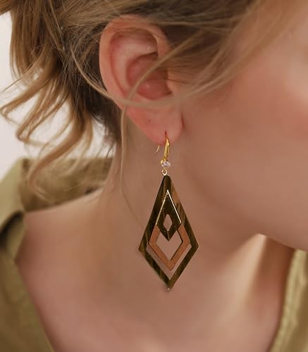 Ozel - Natural Wooden Acrylic Boho Drop Dangle Earrings for Women - Geometric Statement Jewellery - Brown, Black, Magent Red, Olive Green, White beige - color: Diamond_Brown