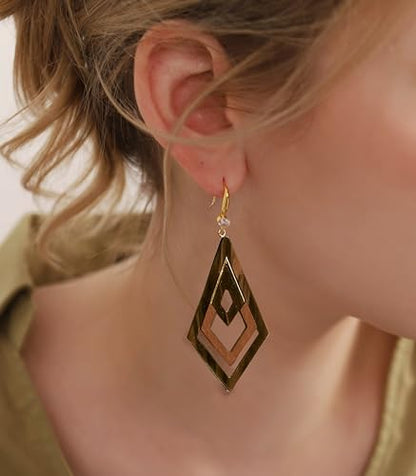 Ozel - Natural Wooden Acrylic Boho Drop Dangle Earrings for Women - Geometric Statement Jewellery - Brown, Black, Magent Red, Olive Green, White beige - color: Diamond_Brown