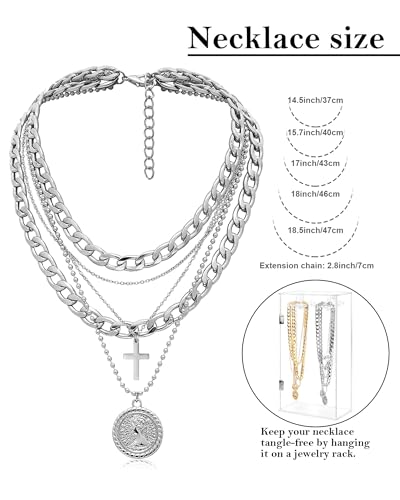 MJartoria Layered Necklaces for Women Trendy Retro Coin Pendant | Dainty Chunky Chain, Choker Necklaces, Jewelry Birthday Gifts - color: Silvery, style: A-Y-Retro Coin-Cross-5 in 1 Layered