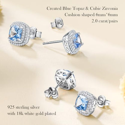 Dainty Birthstone Earrings for Women Sterling Silver Small Stud Earrings with Halo Cushion/Round Created Gemstone Earrings Birthstone Jewelry - style: A 12. Dec./created blue topaz-cushion cut