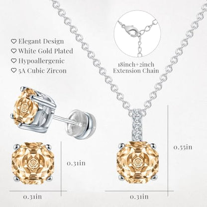 Rose Cut Silver Solitaire Necklace and Earring Set for Women, Jewelry Gift | Rose Cut, Cubic Zirconia, Necklace and Stud Earrings Set, Jewelry Set, Minimalist - color: Champagne