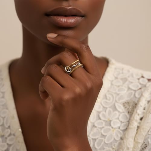 Stackable Rings for Women Non Tarnish Gold Silver Mixed Metal Wedding Band Set Gold Plated Stainless Steel with Cubic Zirconia Dainty Statement Thumb Ring Gift for Christmas Birthday Anniversary Jewelry - style: Gold Triple Band Ring