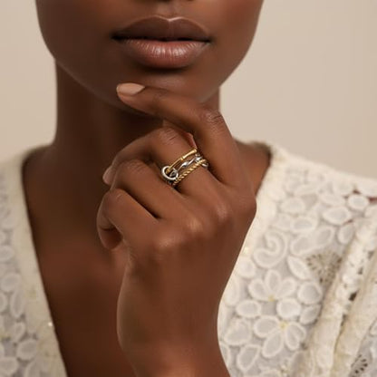 Stackable Rings for Women Non Tarnish Gold Silver Mixed Metal Wedding Band Set Gold Plated Stainless Steel with Cubic Zirconia Dainty Statement Thumb Ring Gift for Christmas Birthday Anniversary Jewelry - style: Gold Triple Band Ring