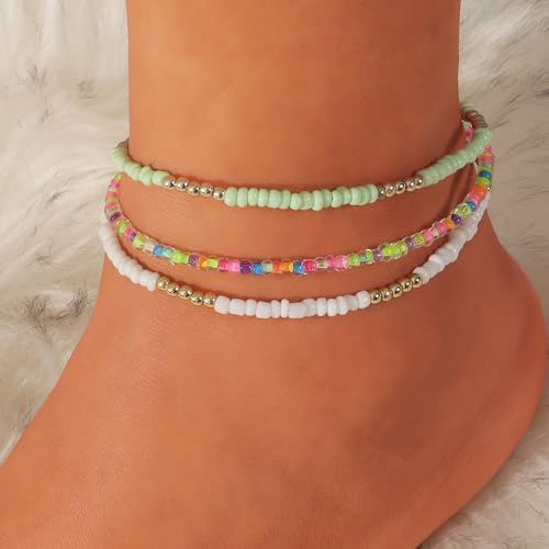 Starfish Mermaid Anklets Bracelets for Women Waterproof Gold Beaded Seashell Starfish Anklets Bohemian Summer Surf Stackable Anklet Bracelet Hawaiian Mermaid Jewelry Outfits for Women - style: 3PCS Bead