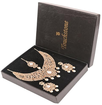 Touchstone Indian jewelry sets for women tikka wedding necklace costume guest statement bollywood rhinestones crystal faux pearls gold big royal neck piece set bridal fashion accessories - color: Gold