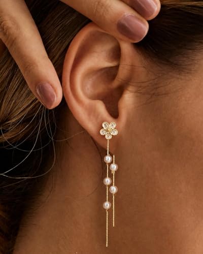 14K Gold Plated/Sterling Silver CZ Pearl Drop Dangle Earrings for Women - color: Gold-Flower Pearl