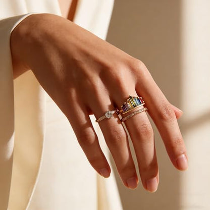 MALOYANVE Rhinestone Crown Open Ring for Women, Colorful Crystal Cubic Zirconia, Rainbow, Adjustable, Elegant Princess Queen Statement Promise Wedding Jewelry - color: Rose Gold