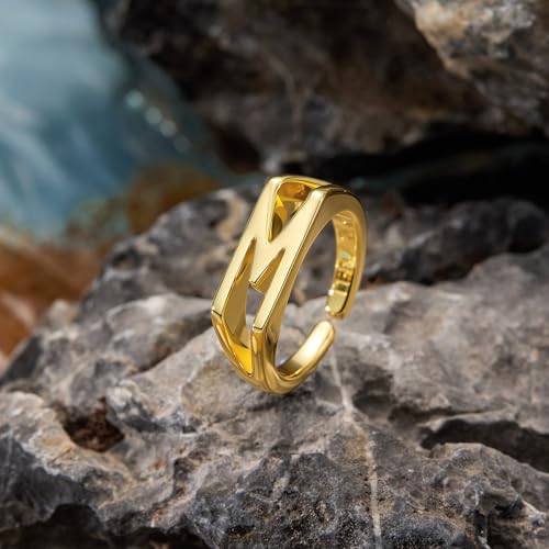 Cicy Bell Initial Rings for Women 18k Gold Plated Adjustable Rings | Open Signet Rings, Bold Letter, Personalized Engraved, For Party - color: Initial-M