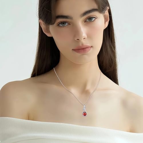 Infinity Teardrop Necklace Silver Tone Pendant Birthstone Jewelry for Women - color: Deep Red