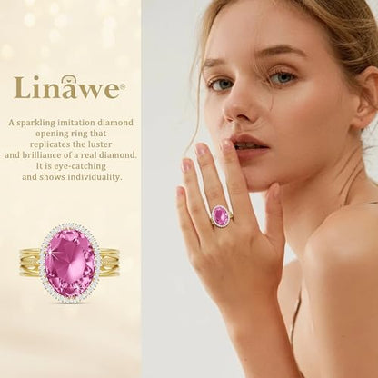 Linawe Costume Jewelry Adjustable Cocktail Ring for Women | Copper, Rhinestone, Cubic Zirconia, Oval, Fake Diamond, Crystal, Stone, Birthstone, Gemstone, Big, Chunky, Statement - color: Yellow Pink