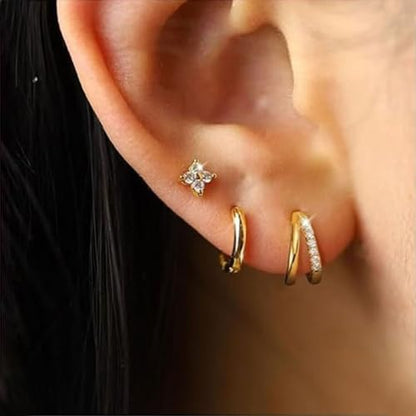 Dainty Gold Huggie Hoop Earrings for Women - 18K Gold Plated Cubic Zirconia Lightweight Mini Double Hoops Earrings for Everyday Wear - style: Double Hoop Gold