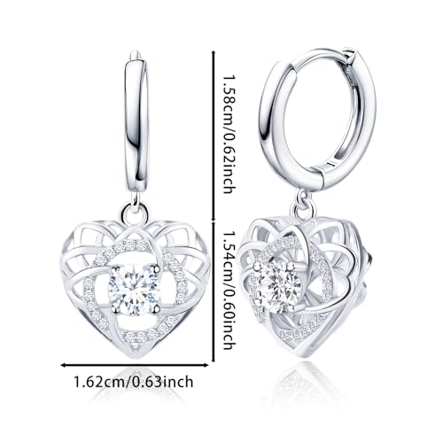 Sterling Silver Dangle Hoop Earrings Charms CZ Love Knot with Heart Shap Hypoallergenic White Gold Plated Fashion Jewelry Dainty Birthday Gift