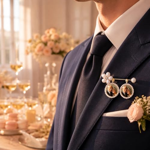 Memorial Photo Charm for Wedding Bouquet, Pearl Gold Brooch Picture Pendant, Bridal Bouquet Charm Keepsake Gift for Bride, Antique Boutonniere Jewelry