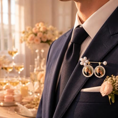 Memorial Photo Charm for Wedding Bouquet, Pearl Gold Brooch Picture Pendant, Bridal Bouquet Charm Keepsake Gift for Bride, Antique Boutonniere Jewelry