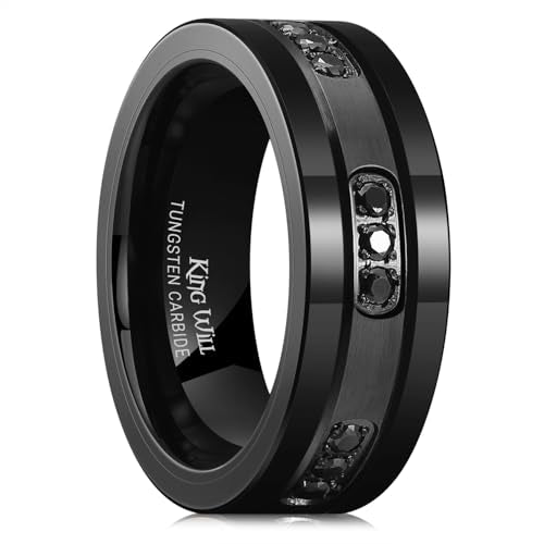 King Will Mens Tungsten Wedding Band with Cubic Zircon Inlay 7mm/8mm Flat Cut Comfort Fit Engagement Rings - color: B-Black&Black-8mm