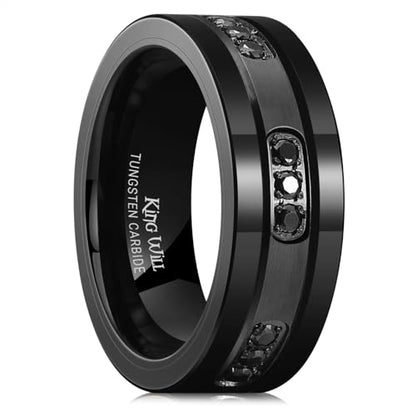 King Will Mens Tungsten Wedding Band with Cubic Zircon Inlay 7mm/8mm Flat Cut Comfort Fit Engagement Rings - color: B-Black&Black-8mm