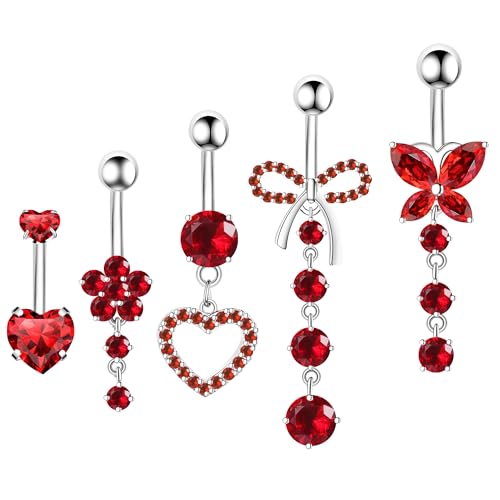 BSJ4U Belly Button Ring Dangle Navel Belly Piercing Jewelry Cute Pink CZ Heart Butterfly Bow Flower Navel Belly Rings for Women 14G Silver Stainless Steel Dainty Dangly Dangling Belly Button Piercing - color: Red CZ Belly Button Rings