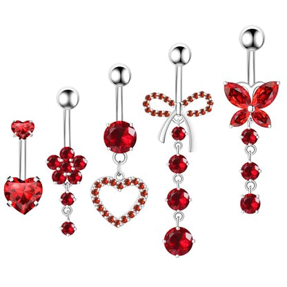 BSJ4U Belly Button Ring Dangle Navel Belly Piercing Jewelry Cute Pink CZ Heart Butterfly Bow Flower Navel Belly Rings for Women 14G Silver Stainless Steel Dainty Dangly Dangling Belly Button Piercing - color: Red CZ Belly Button Rings