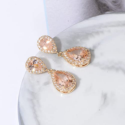 Pave Teardrop Earrings for Wedding Sterling Silver Double Pear Shaped CZ Cubic Zirconia Crystal Rhinestone Birthstone Dangle Earrings Bridal Jewelry for Bride Bridesmaids - color: Champagne-14K Gold Plated