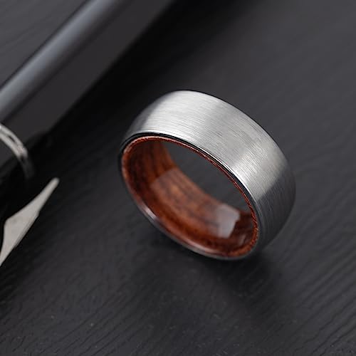 8mm Tungsten Carbide Genuine Natural Koa Wood Inner Inlay Ring Black/Gold/Silver/Rose Gold Wedding Band Hammered Textured Flat Style Comfort Fit Gift Box Included - color: Brushed Silver Tungsten