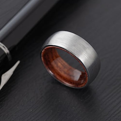 8mm Tungsten Carbide Genuine Natural Koa Wood Inner Inlay Ring Black/Gold/Silver/Rose Gold Wedding Band Hammered Textured Flat Style Comfort Fit Gift Box Included - color: Brushed Silver Tungsten