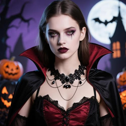 Todenb Gothic Choker Witch Necklace for Women Lace Vampire Collar Necklace Y2K Goth Black Zirconia Pendant Necklaces Halloween Dark Bridal Vampire Witch Party Jewelry Accessories - style: Style-F