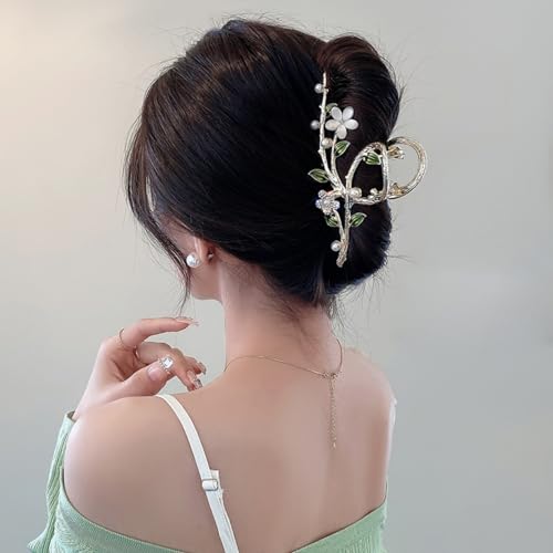 Floral Hair Claw Clip with Faux Pearl & Crystal, Green Leaf Cat Eye Flower Hair Grab Clip, Elegant Hair Accessory for Women Bun Updo Styling