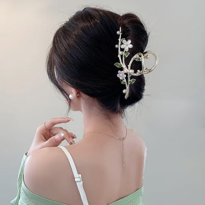 Floral Hair Claw Clip with Faux Pearl & Crystal, Green Leaf Cat Eye Flower Hair Grab Clip, Elegant Hair Accessory for Women Bun Updo Styling