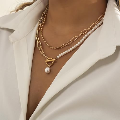 HUASAI Boho Necklaces for Women Dainty Layered Choker Necklace Bohemian Turquoise Necklace Statement Jewelry Western Cowgirl Country Concert Outfits Accessories - color: C Gold Paperclip Chain Pearl Necklace