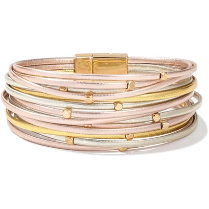 Stackable Beaded Leather Wrap Bracelet Boho Western Country Beach Jewelry | Layered Bead Stack Multi Strand Magnetic Clasp Cuff Bangle Bohemian Hippie Cowgirl Fashion Summer Vacation Outfits for Women - color: Mix Gold