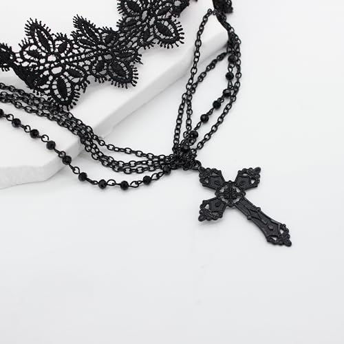 Black Lace Choker Gothic Cross Necklace Zinc Alloy Black Cross Pendant Layered Beads Necklace Halloween Punk Goth Jewelry Gift for Women