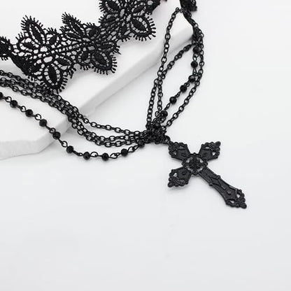 Black Lace Choker Gothic Cross Necklace Zinc Alloy Black Cross Pendant Layered Beads Necklace Halloween Punk Goth Jewelry Gift for Women