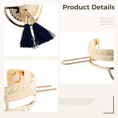 Women'S Decorative Hair Bun Holder, Tassel Hair Cuff And Round Top Hair Stick Bun Set, Metal Hair Cage