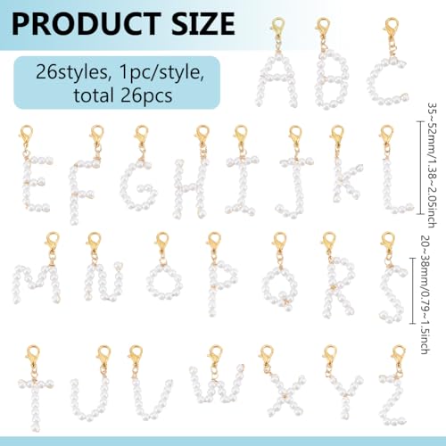 PH PandaHall 26pcs A~Z Pendants Imitated Pearl Charms Alphabet Letter Charms with Golden Alloy Lobster Claw Clasps for Jewelry Bracelet Necklace Making Shoes Deco DIY Crafting, 35~52mm