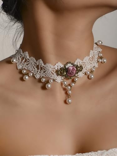 Lace Choker Necklace for Women Tassel Pendant Choker Necklaces Elegant Boho Collar Necklaces Statement Artistic Chain Necklace with Pearl Halloween Party Cosplay Costume Jewelry - color: White Pearl Rose