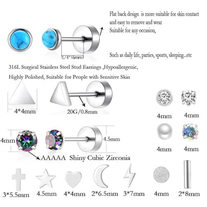 38Pcs Stainless Steel Earrings Set for Women Men 14K Gold Plated Small Flat Back Stud Earrings Hoop Earrings Women Men Hypoallergenic Cubic Zirconia Earrings Cartilage Earrings Rook Daith Tragues Lobe Conch Septum Piercing Jewelry - color: B:Silver