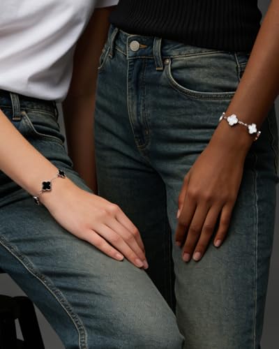 Four Leaf Clover Bracelet 18K Gold Plated Bracelets for Women Lucky Flower Design Stainless Steel Hypoallergenic Link Chain Adjustable Dainty Trendy Jewelry Gifts for Women - color: Silver Black+White