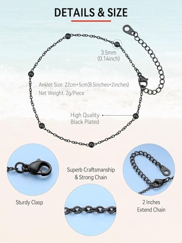 FaithHeart Waterproof Ankle Bracelets for Women, 1/2/3Pcs Non Tarnish Stainless Steel Layered Anklet Set Paperclip Figaro Cuban Link Chain Dainty Summer Beach Jewelry Gift Adjustable Size - style: a.Bead - Black