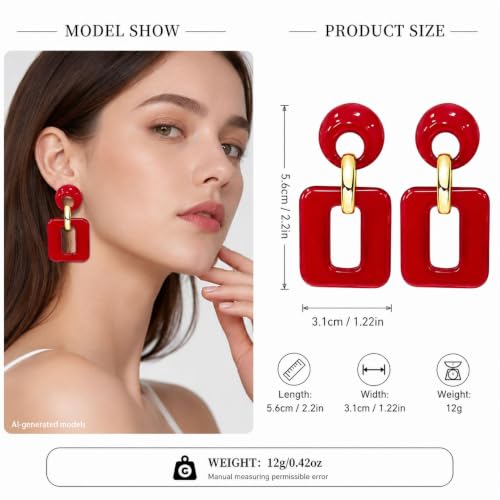 Retro Boho Hollow Square Earrings Lightweight Fashion Jewelry Casual Daily Wear Geometric Drop Earrings Party Acrylic Square Dangle Accessories - color: Red