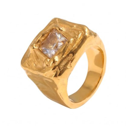 Fashion Square CZ Chunky Statement Ring for Women Size 7 | Stainless Steel, Hammered Textured, Rough, Geometric Crystal, Wide Stacking, Wedding Engagement Eternity Band, Dainty Jewelry - color: Gold