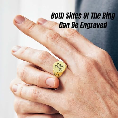 Custom Signet Ring for Men Personalized Initial Ring Custom Mens Rings Engraved Ring Customized Memorial Graduation Gifts for Father Husband Boyfriend Friends - color: Round Gold